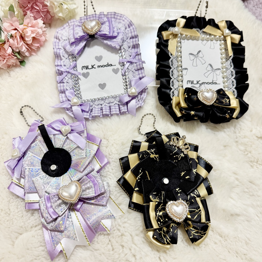 ♡春の推し活♡ロゼット レースデコ パープル ブラック ゴールド キーホルダー