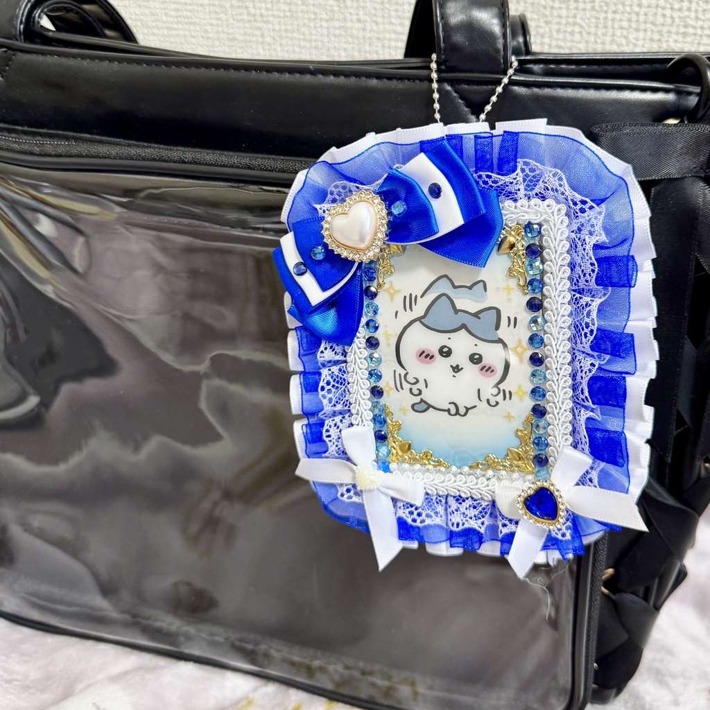 B8 硬質ケースデコ ブルー レース リボン チェキケース 推し活