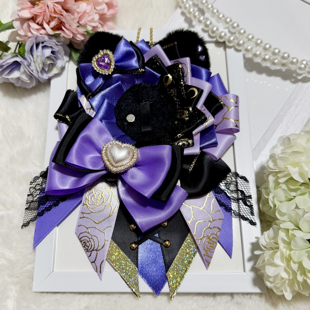 【54〜57mm対応】紫×黒 猫耳＆薔薇 痛ロゼット｜試作品