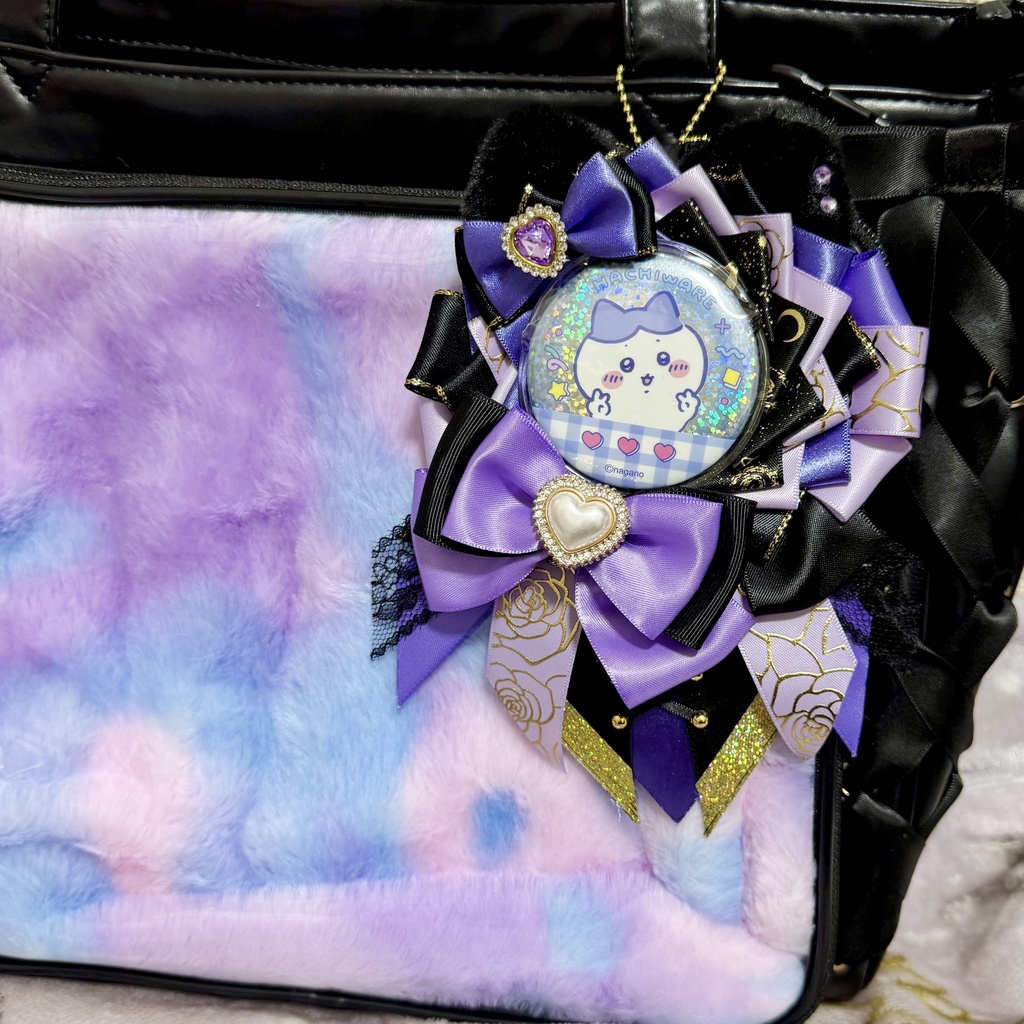 【54〜57mm対応】紫×黒 猫耳&薔薇 痛ロゼット|試作品