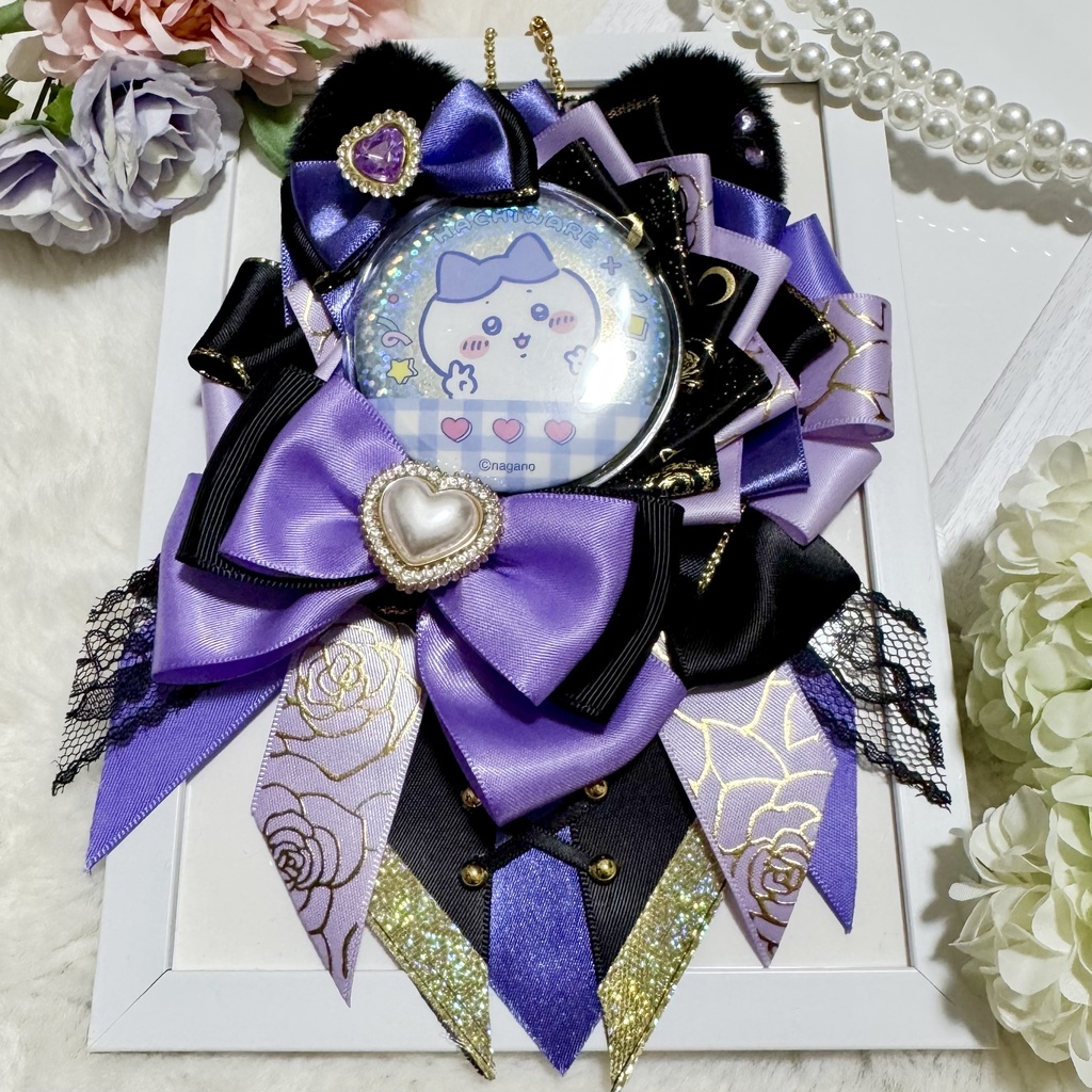 【54〜57mm対応】紫×黒 猫耳&薔薇 痛ロゼット|試作品
