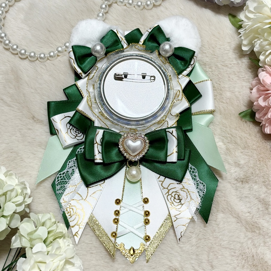 猫耳 痛ロゼット 緑 白 ゴールド 53~57mm 缶バッジ ハート 推し活