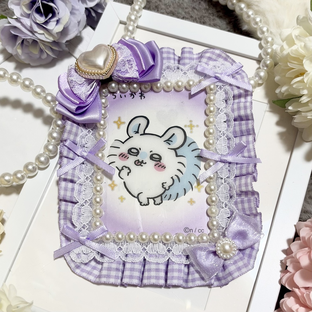 紫チェック×ラベンダーリボン♡ B8レースデコ硬質ケース