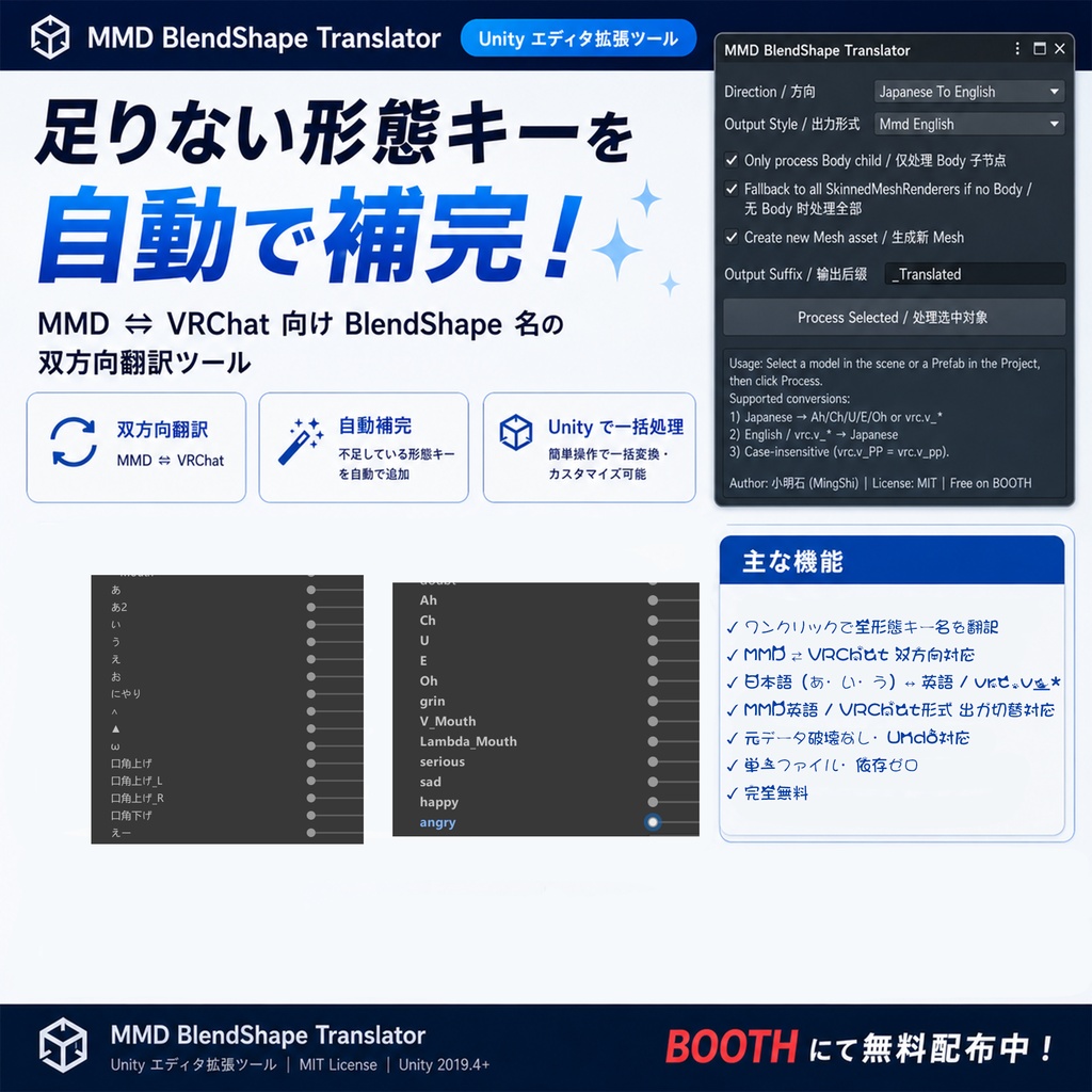 【無料】MMD BlendShape 双向翻译器 / MMD⇄VRChat BlendShape Translator