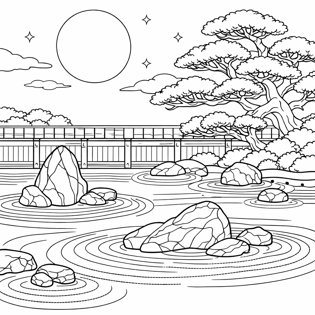 満月と枯山水庭園