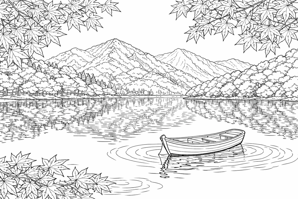 湖畔の紅葉と小舟