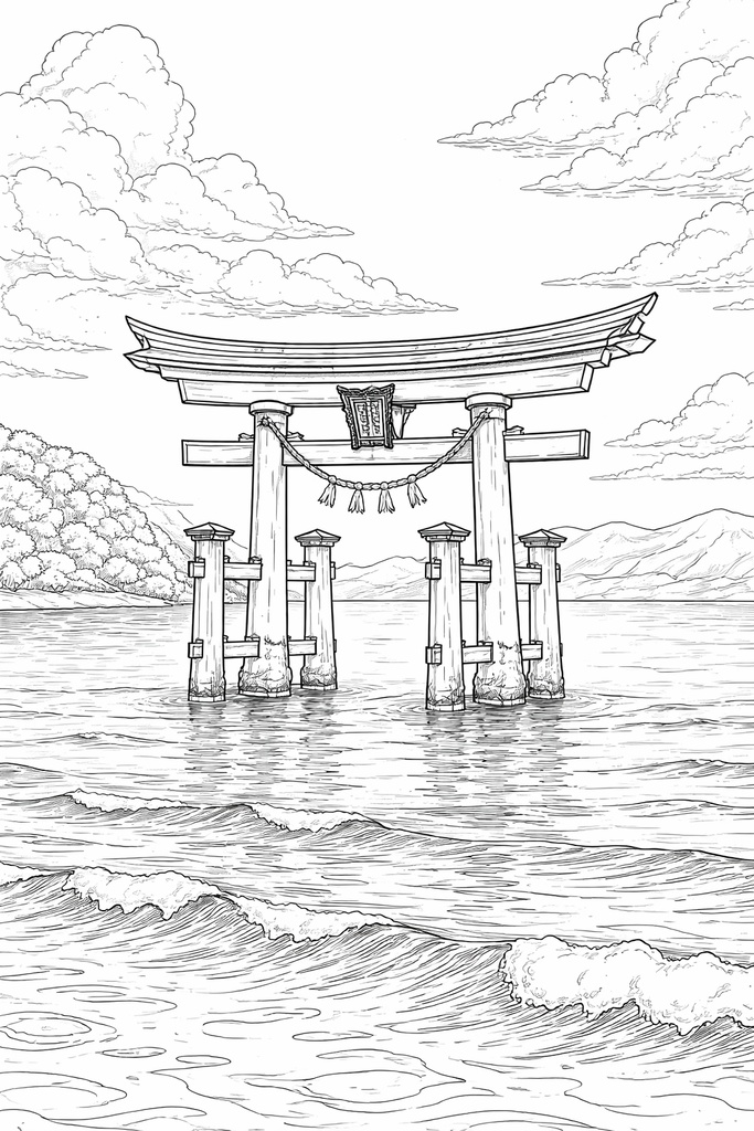 海辺の鳥居と夕日