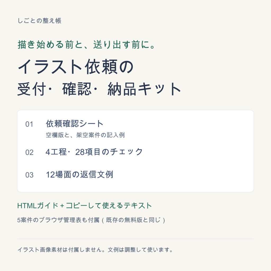 【無料見本あり】イラスト依頼の受付・確認・納品キット|返信文例12・チェック28
