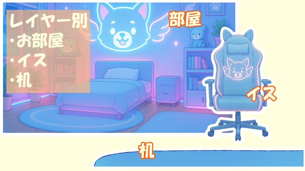 🎮【配信用素材】Vtuber向け・かわいいゲーミングデスク(犬モチーフ・水色系)🎙️