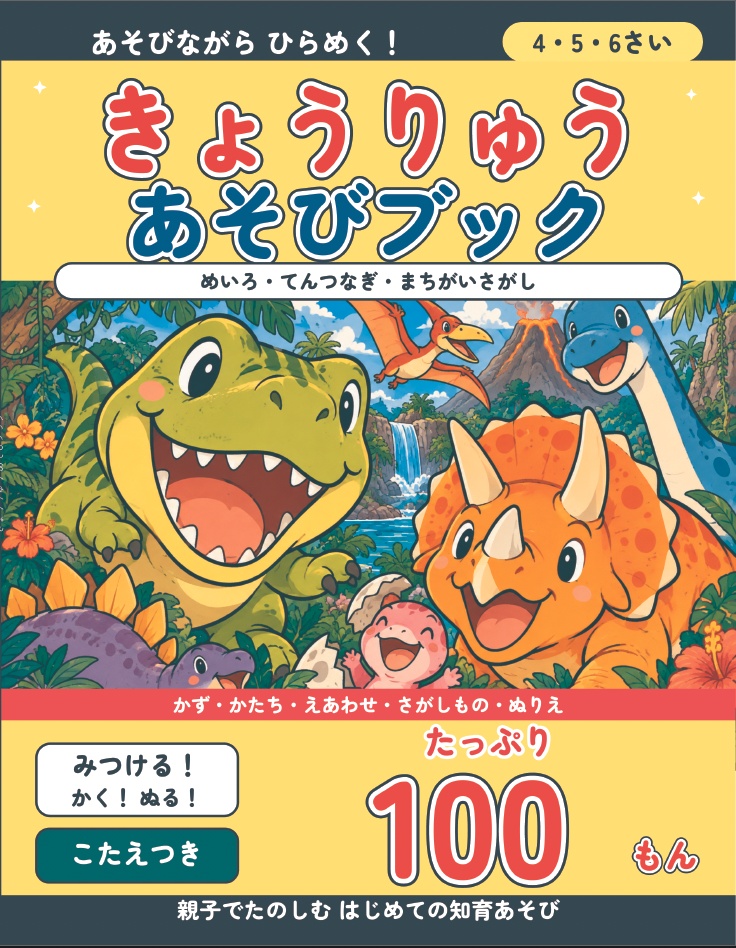 【PDF・印刷用】恐竜の知育プリント100問｜4〜6歳向け 迷路・点つなぎ・間違い探し・ぬりえ