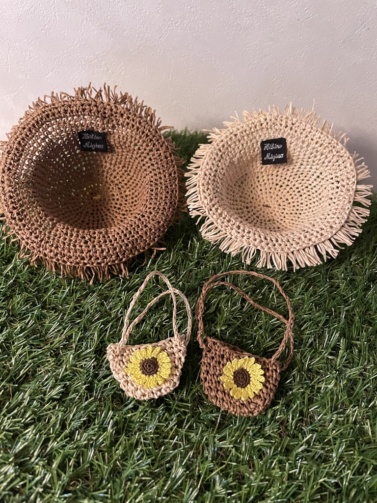 フリンジ付きひまわりの麦わら帽子とバッグのセット