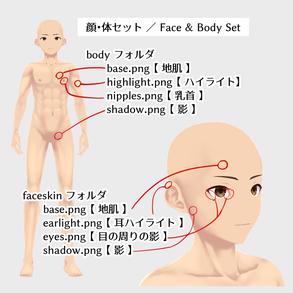 【Vroid正式版】【色変更可】【男性】肌、筋肉、顔、鼻、唇、歯テクスチャ/【Vroid Stable ver.】【Color changeable】【Male】Skin,Muscle,Face,Nose,Lips,tooth texture