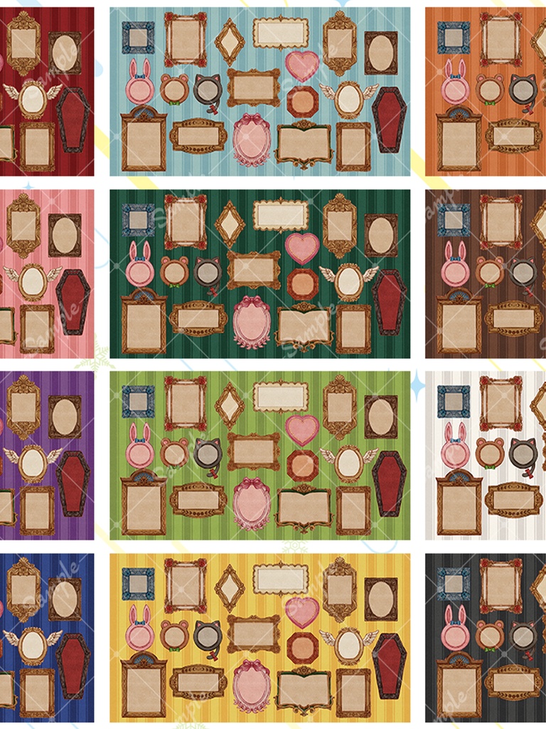 イラストを飾れる額縁素材背景セット【BG全12色+額縁デザイン19種】