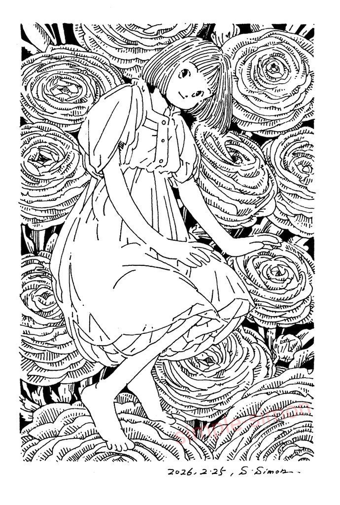 モノクロ原画「ラナンキュラス」