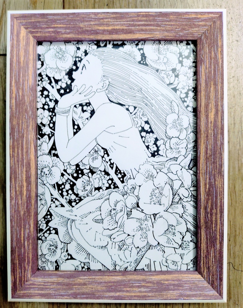 額装済みモノクロ原画「ボケ(木瓜)」