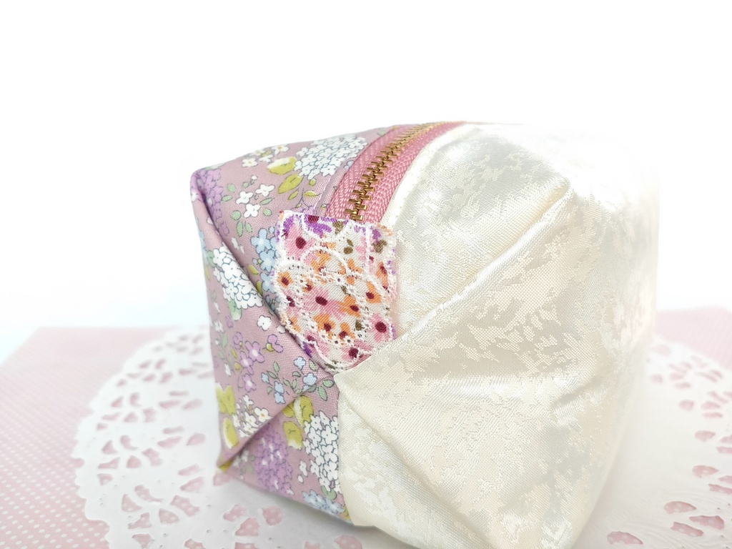 紫陽花のキラキラ☆キャラメルポーチ(パープル×アイボリー)