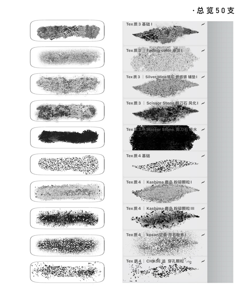 Procreateブラシ Texture1「炭灰金属質感ブラシ」50本