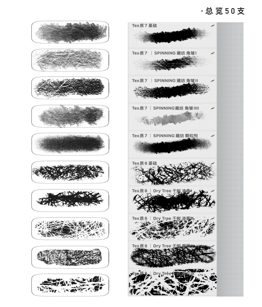 Procreateブラシ Texture1「炭灰金属質感ブラシ」50本