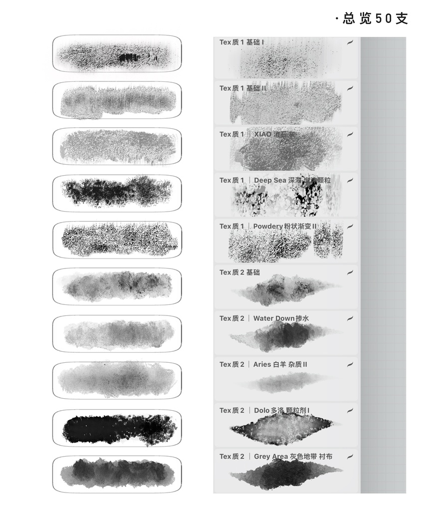 Procreateブラシ Texture1「炭灰金属質感ブラシ」50本