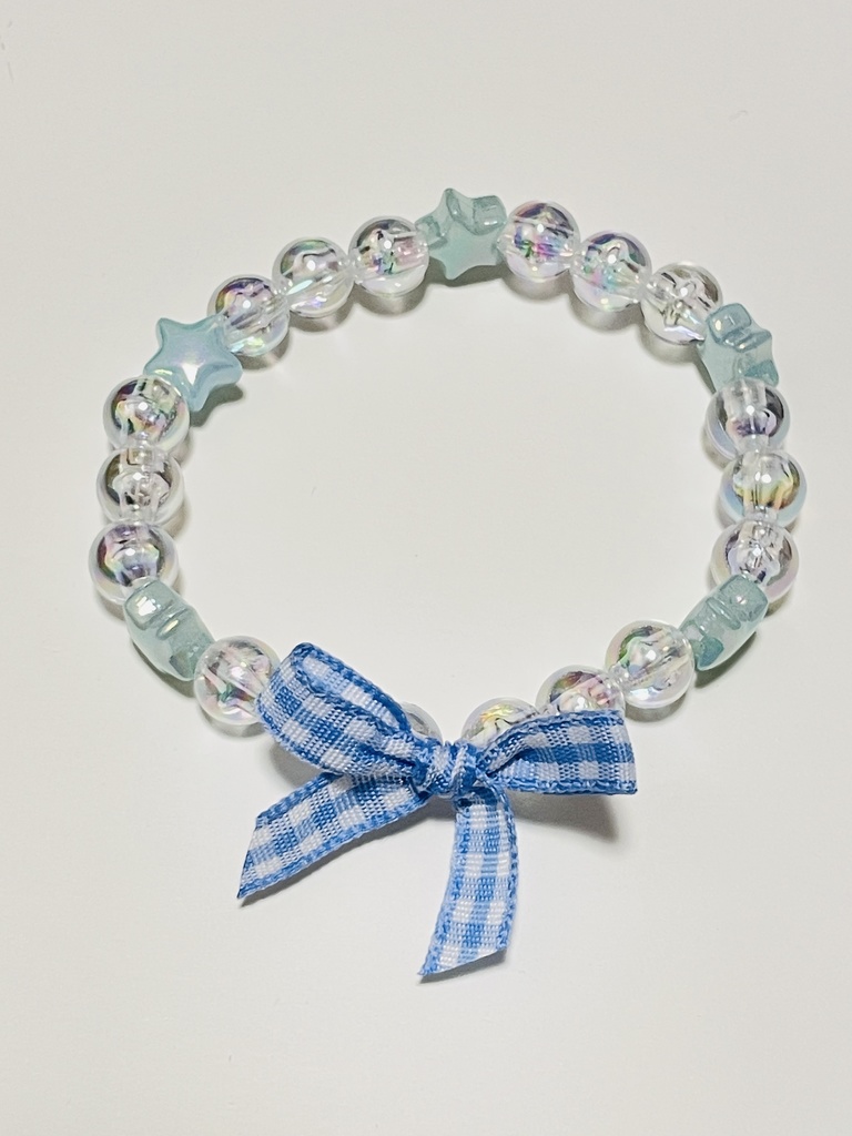 みずいろ〜な星とリボンのビーズブレスレット②