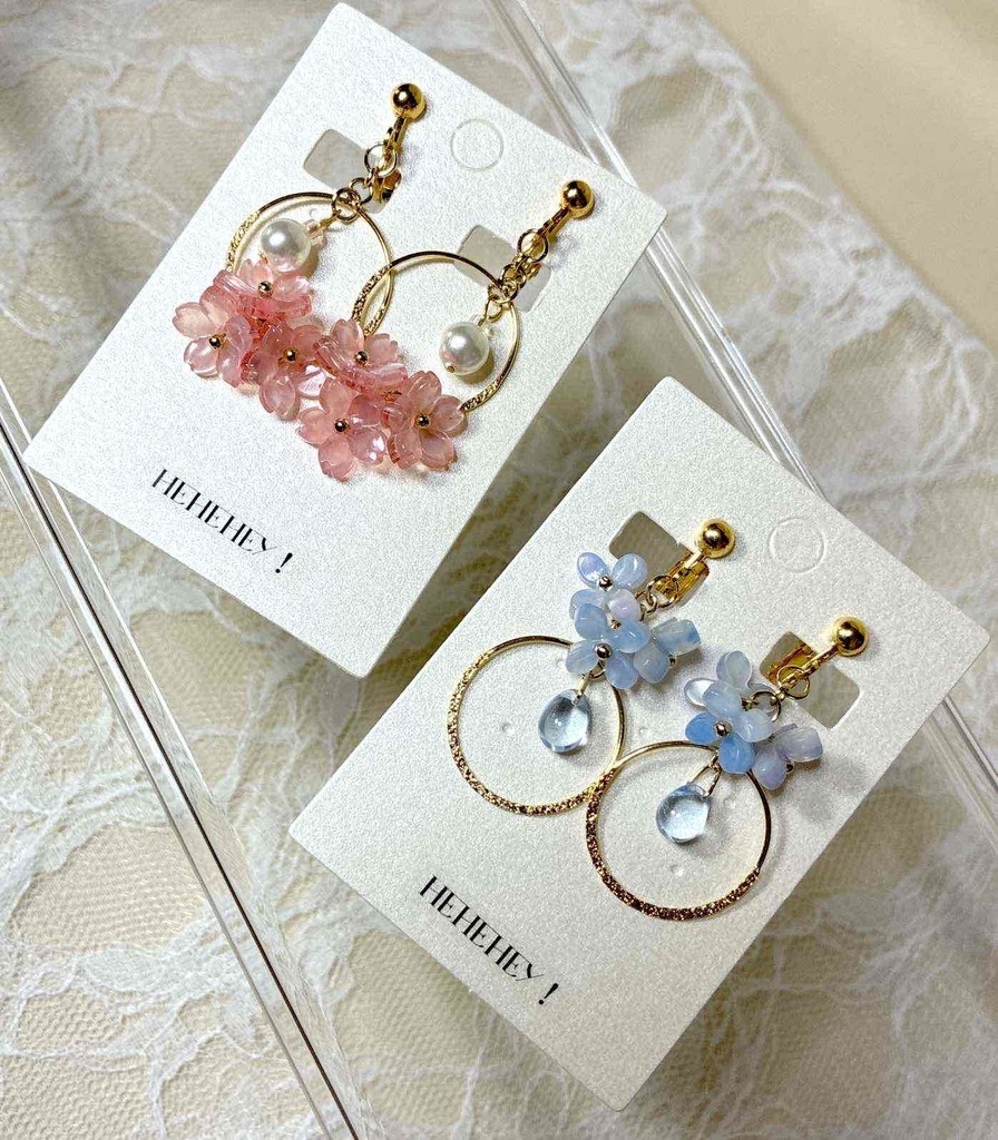 桜とパールのイヤリング・ピアス/紫陽花と雫のイヤリング・ピアス