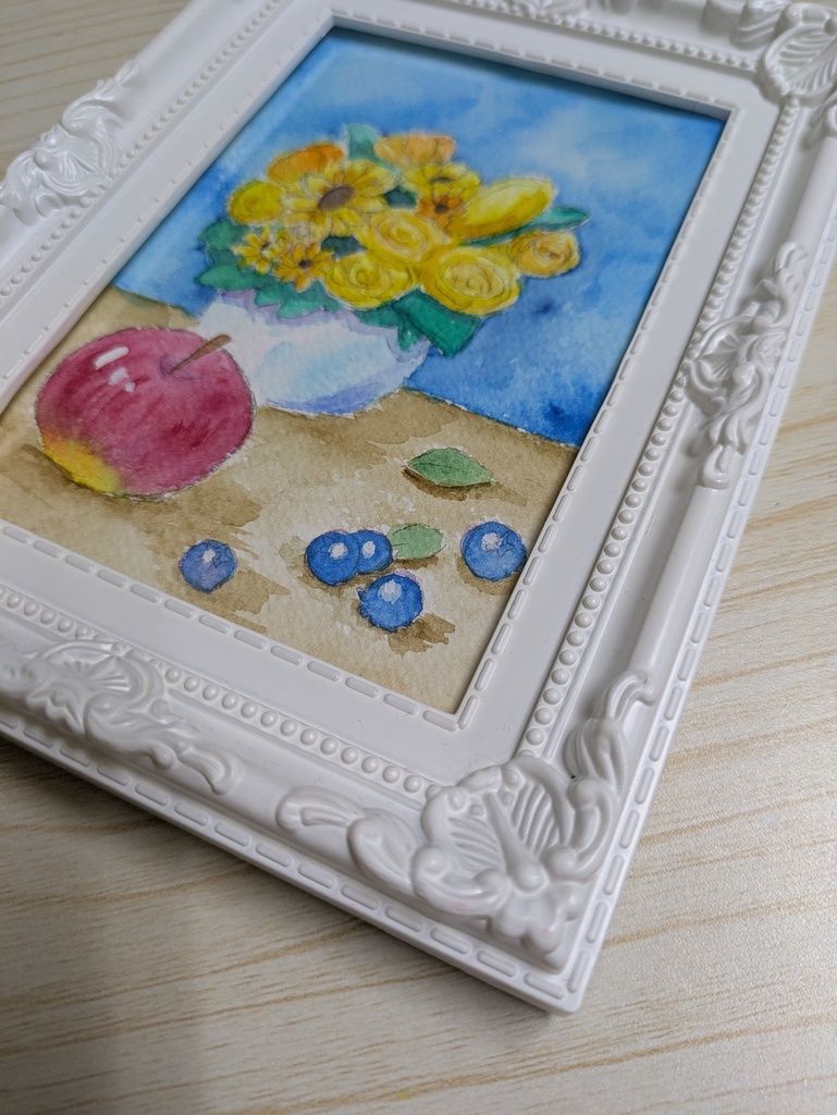 黄色い花と果物 透明水彩原画