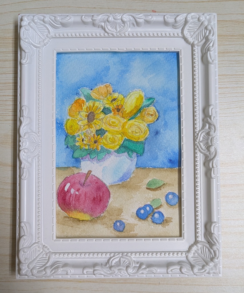 黄色い花と果物　透明水彩原画