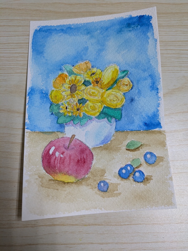 黄色い花と果物 透明水彩原画
