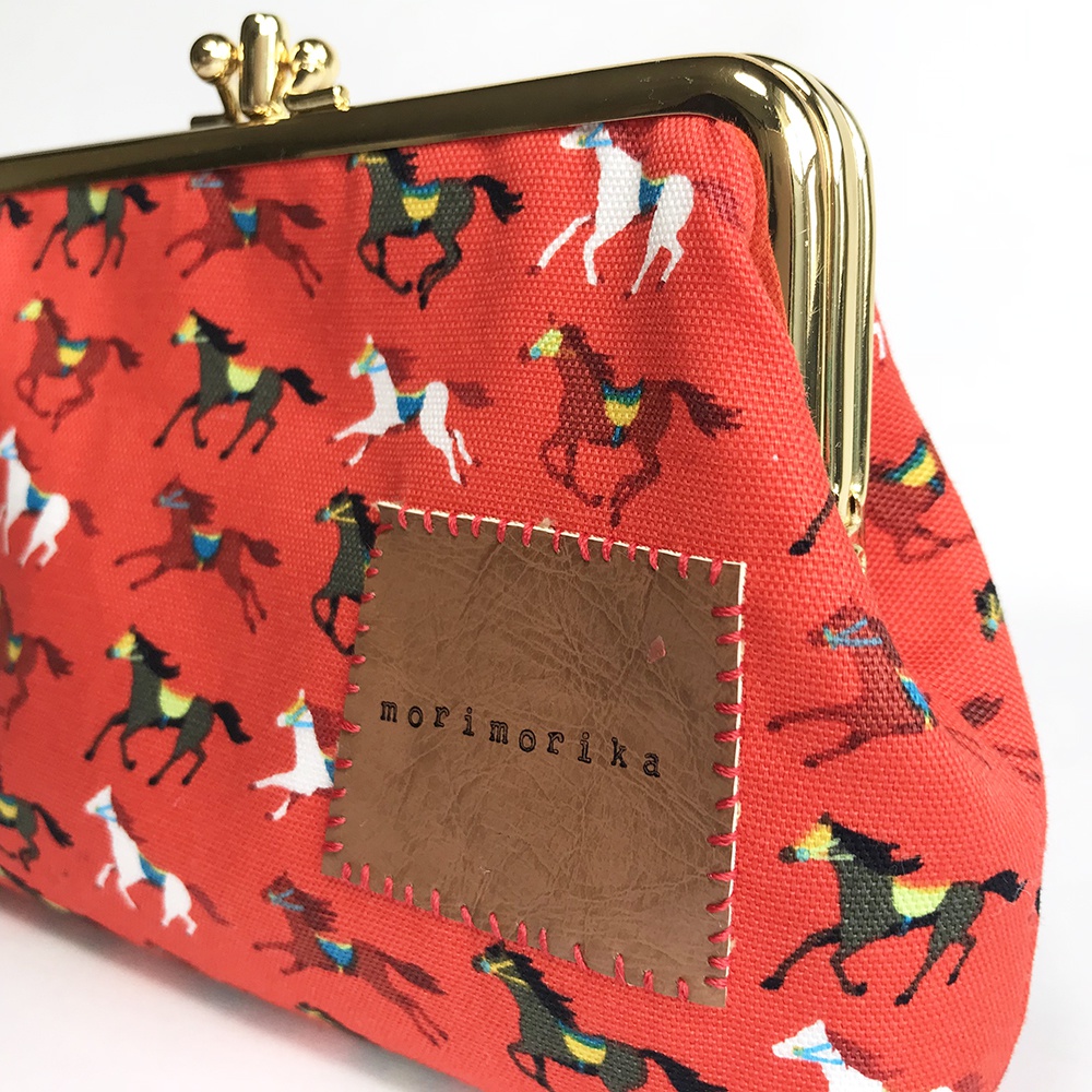 がま口ダブルポーチ【orange horse×red】