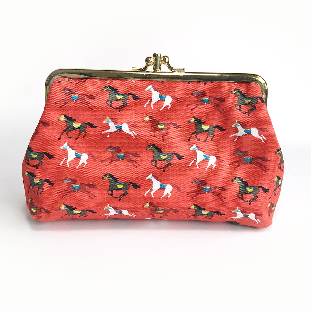 がま口ダブルポーチ【orange horse×red】