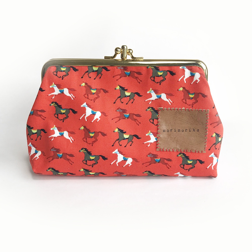 がま口ダブルポーチ【orange horse×brown】