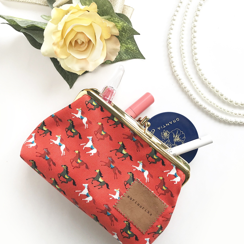 がま口ダブルポーチ【orange horse×brown】