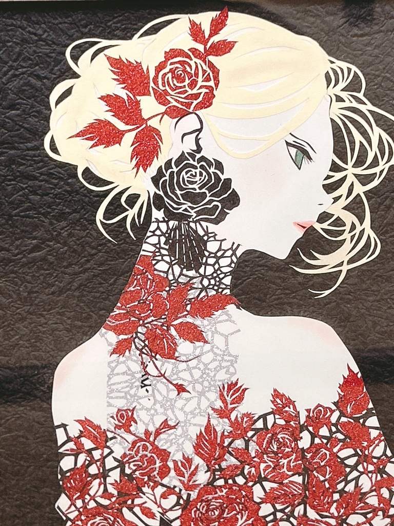 切り絵アート 女性 花模様 木製フレーム