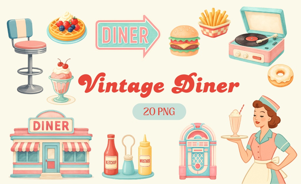 【PNG20点】Vintage Diner 水彩クリップアート素材集