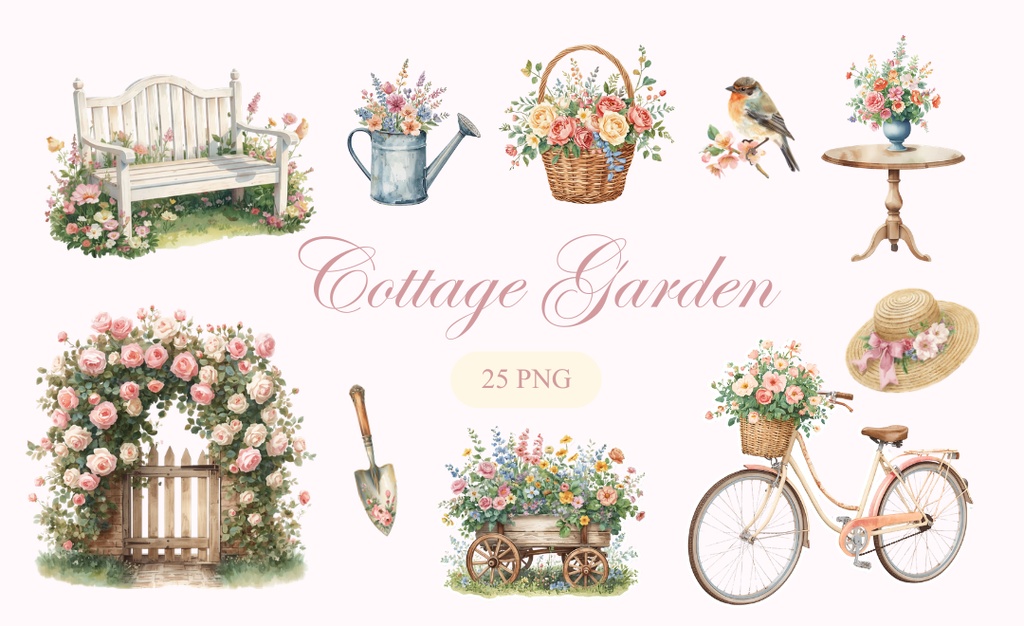 【PNG25点】コテージガーデン 水彩クリップアート素材集