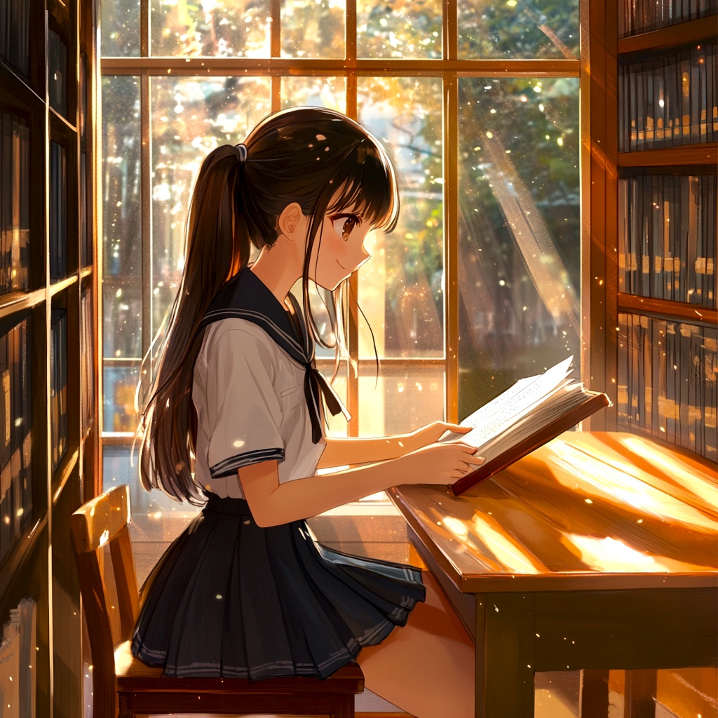 AI生成イラスト素材：清楚系女子高生と図書室の午後（5枚セット）