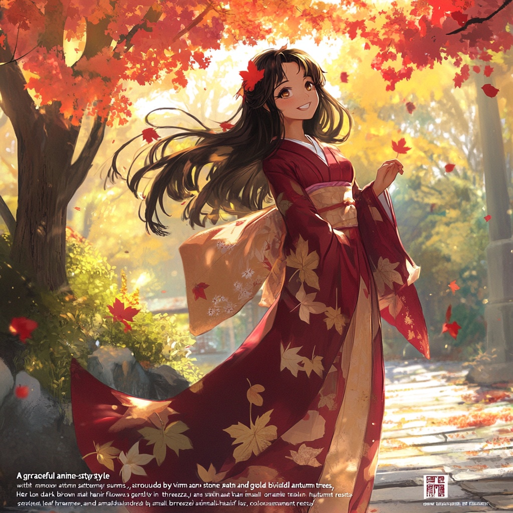 AI生成イラスト素材：秋の紅葉と着物美人（12枚セット）