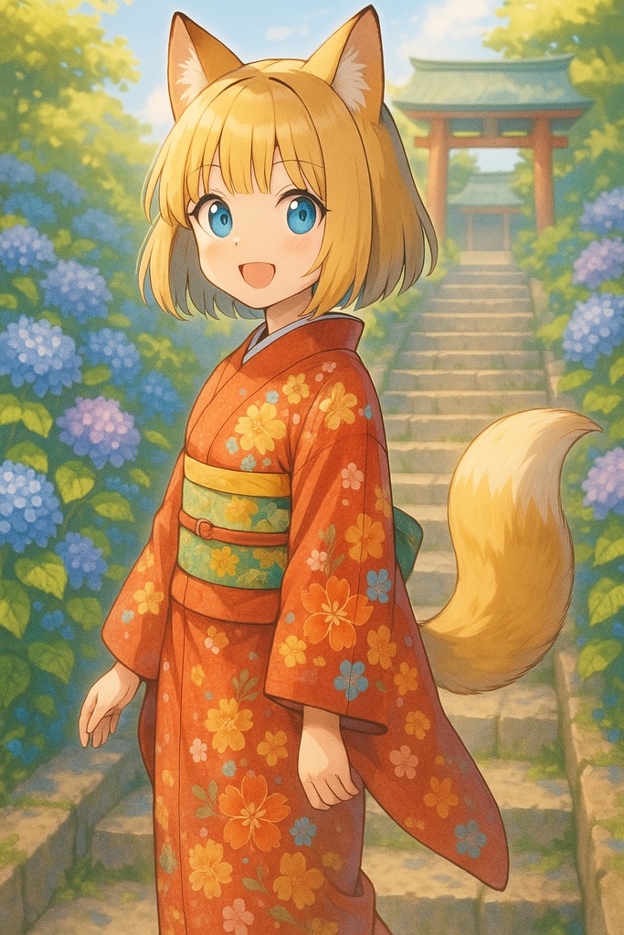 「あじさいの参道と狐娘」和風アニメ風アートプリント（8種セット）