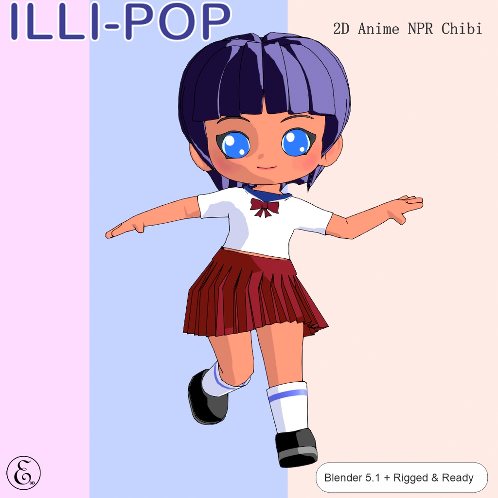 【Blender 3D】 Illi-Pop - 2D NPR Anime Style Chibi Doll / 3Dモデル セルルック ミニキャラ