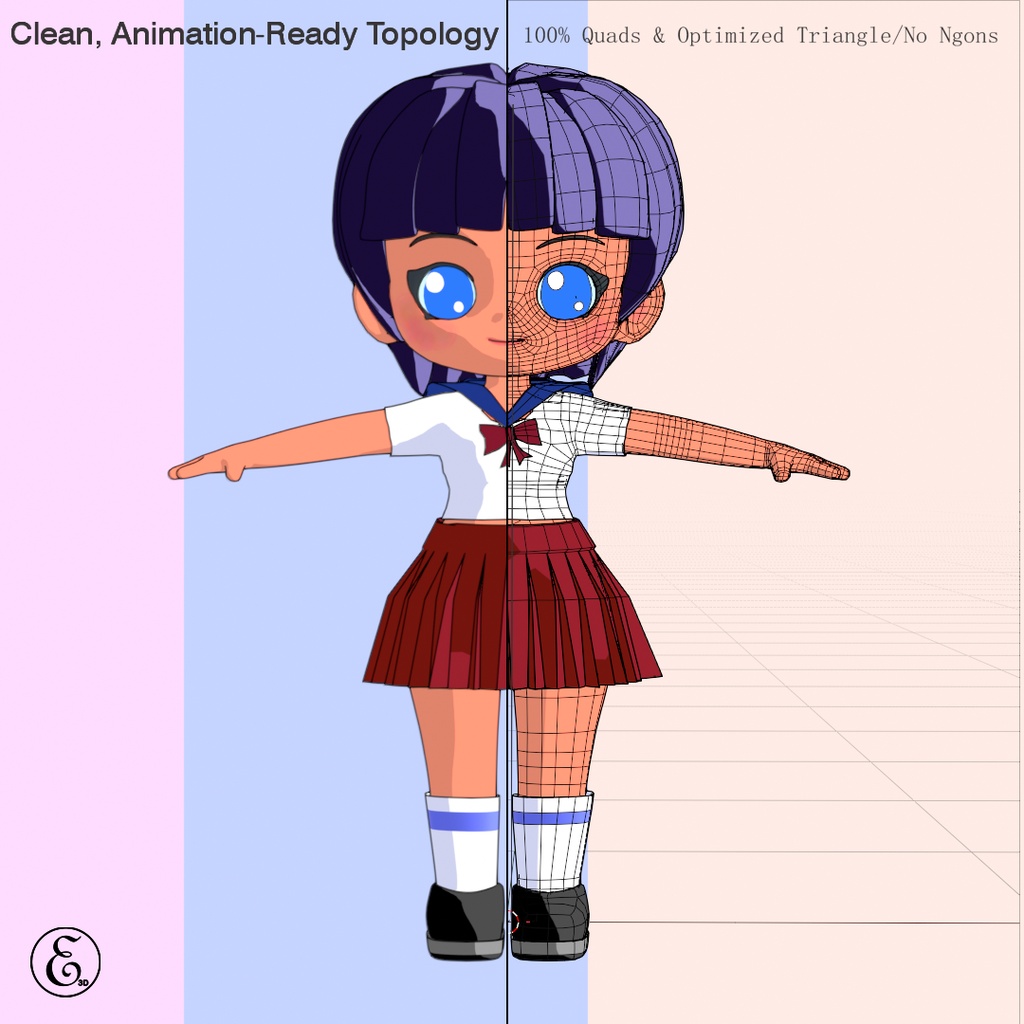 【Blender 3D】 Illi-Pop - 2D NPR Anime Style Chibi Doll / 3Dモデル セルルック ミニキャラ