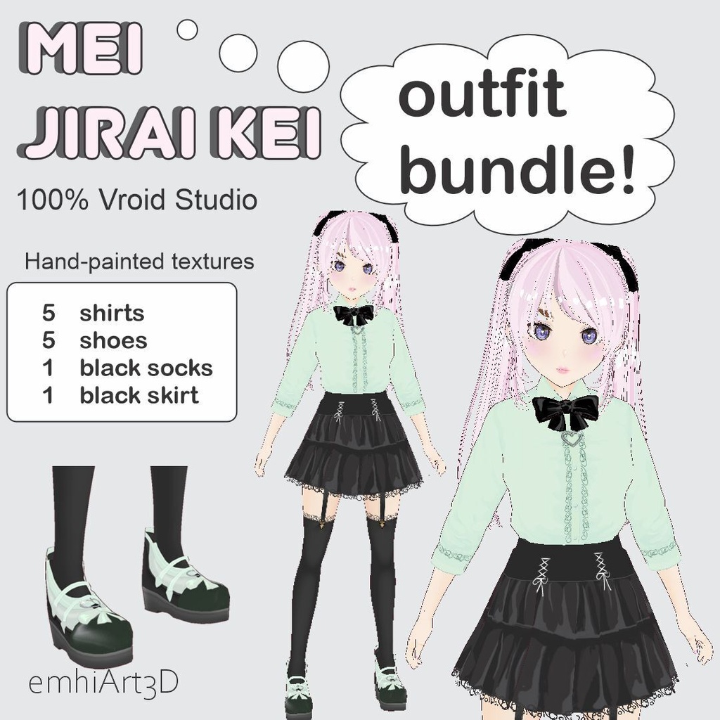 VRoid正式版】地雷系パステル衣装5色セット - 手描きテクスチャemhiArt3D Jirai Kei Pastel Outfit Bundle - 5 Colors (Hand-Painted Textures)