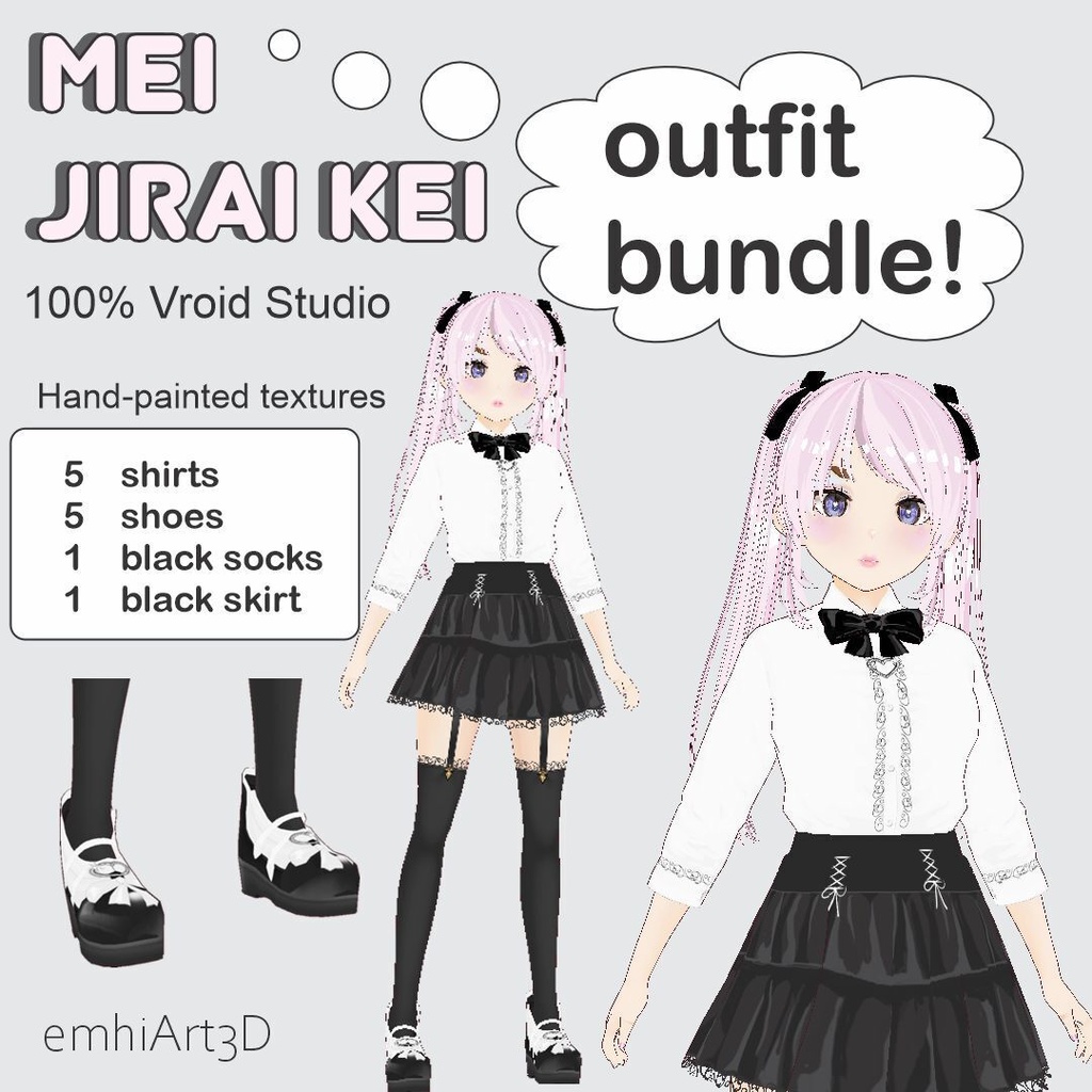 VRoid正式版】地雷系パステル衣装5色セット - 手描きテクスチャemhiArt3D Jirai Kei Pastel Outfit Bundle - 5 Colors (Hand-Painted Textures)