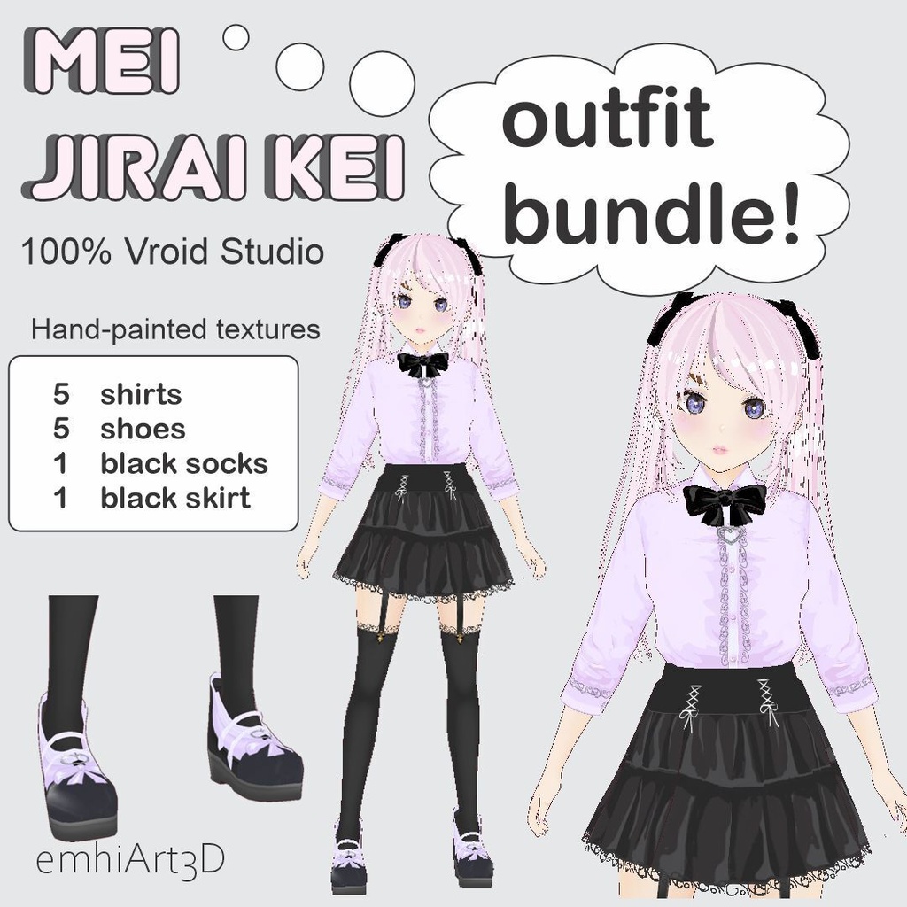 VRoid正式版】地雷系パステル衣装5色セット - 手描きテクスチャemhiArt3D Jirai Kei Pastel Outfit Bundle - 5 Colors (Hand-Painted Textures)