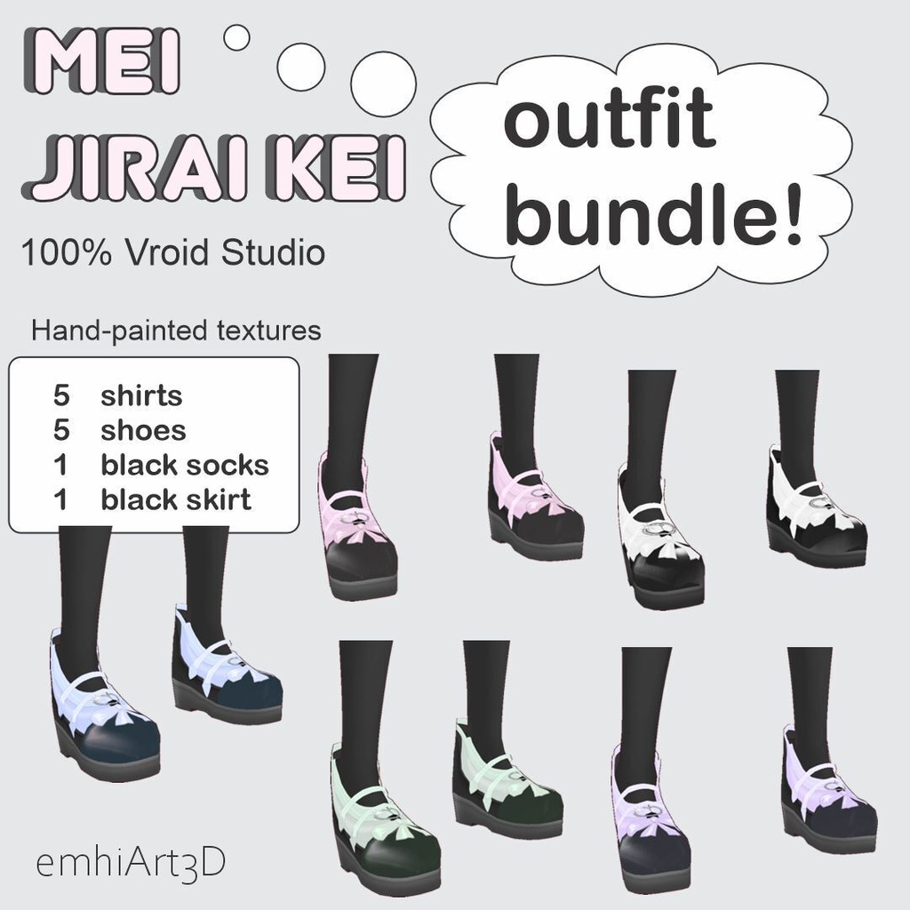 VRoid正式版】地雷系パステル衣装5色セット - 手描きテクスチャemhiArt3D Jirai Kei Pastel Outfit Bundle - 5 Colors (Hand-Painted Textures)