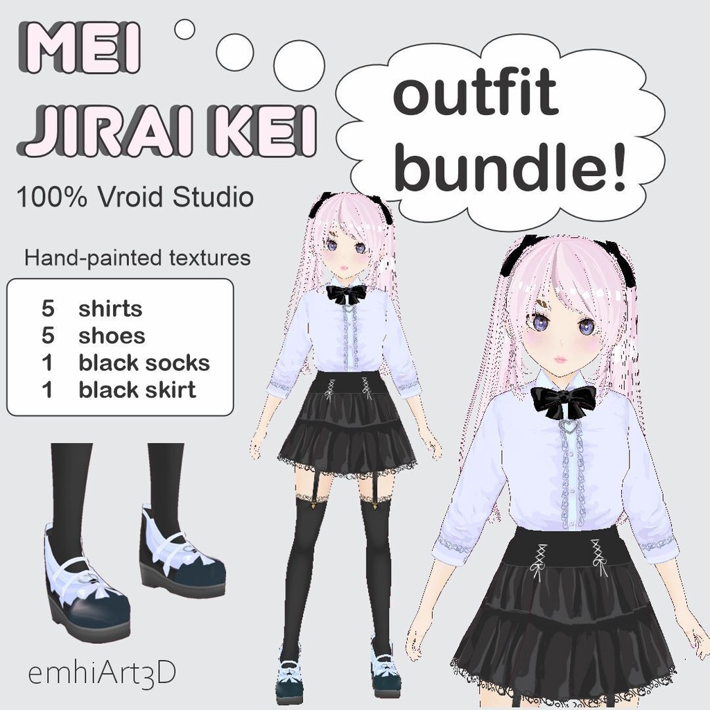 VRoid正式版】地雷系パステル衣装5色セット - 手描きテクスチャemhiArt3D Jirai Kei Pastel Outfit Bundle - 5 Colors (Hand-Painted Textures)