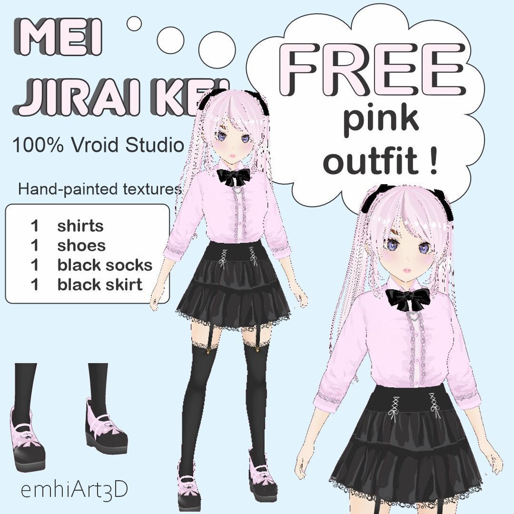 VRoid正式版】地雷系パステルピンク衣装セット - 無料サンプルemhiArt3D Jirai Kei Pastel Pink Outfit - FREE SAMPLE Hand-Painted