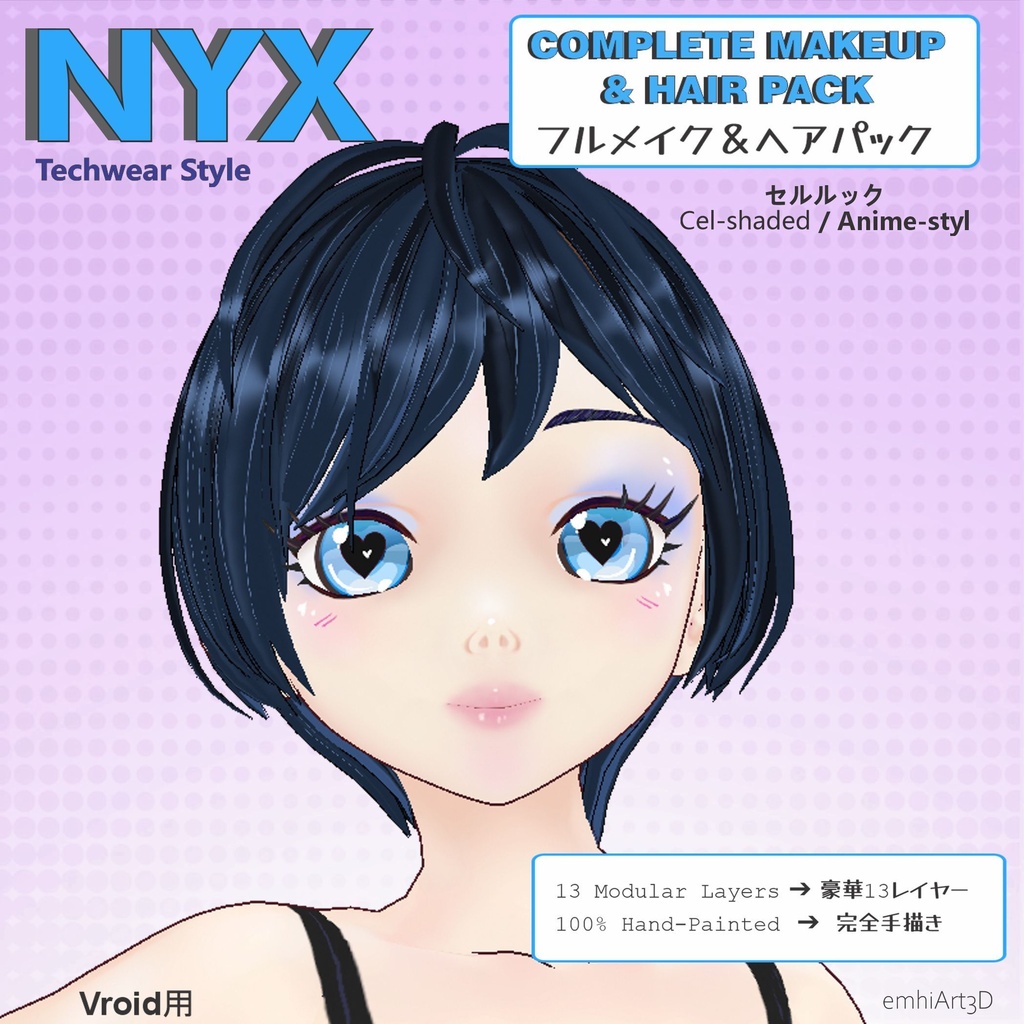 [VRoid] NYX Series // Pixie Hair, Custom Anime Eyes & 13-Layer Modular Hand-Painted Makeup Pack (v2.14.0+)