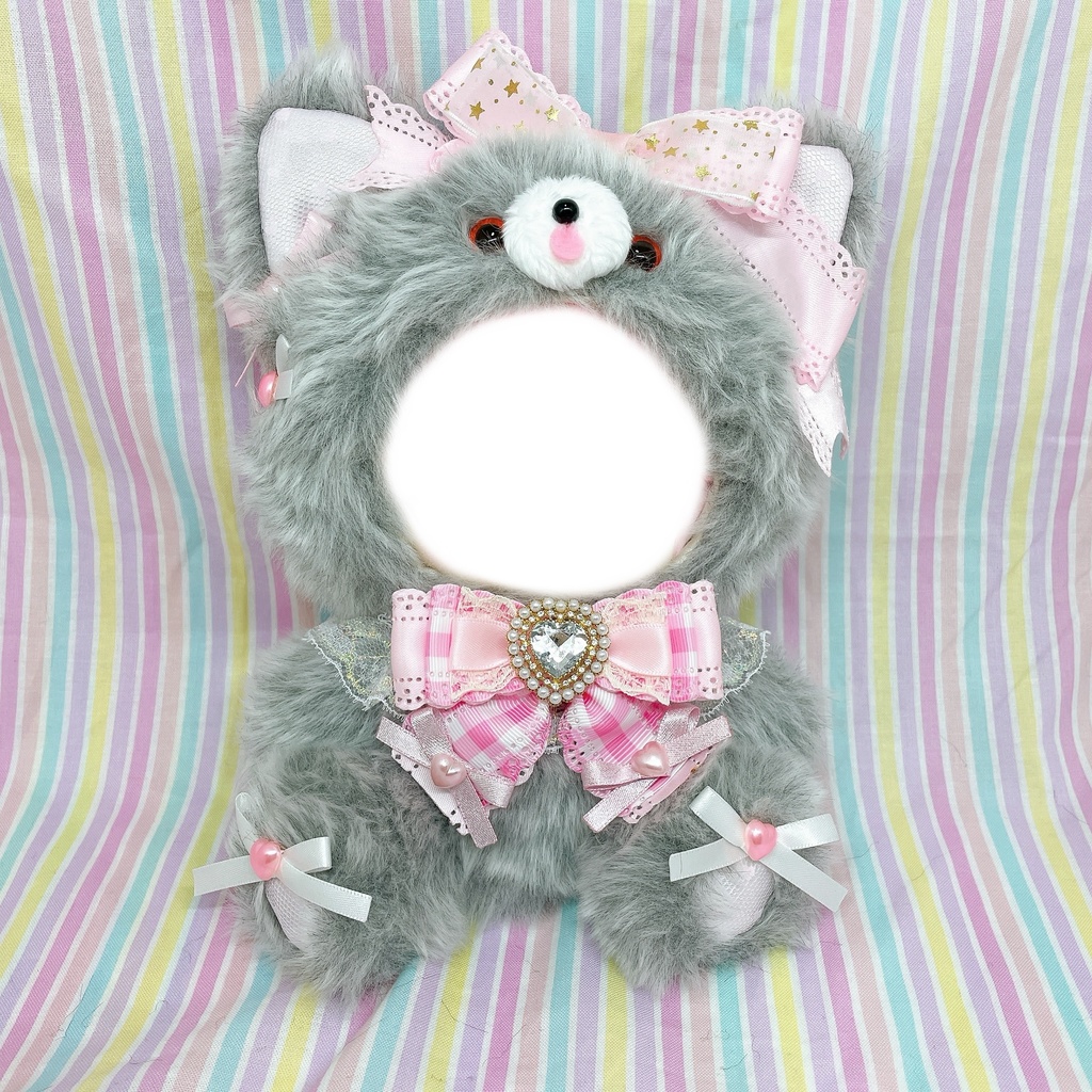 着ぐるみ　ぬい服　おすわり　ねこ　16cm サイズ　ピンク×白