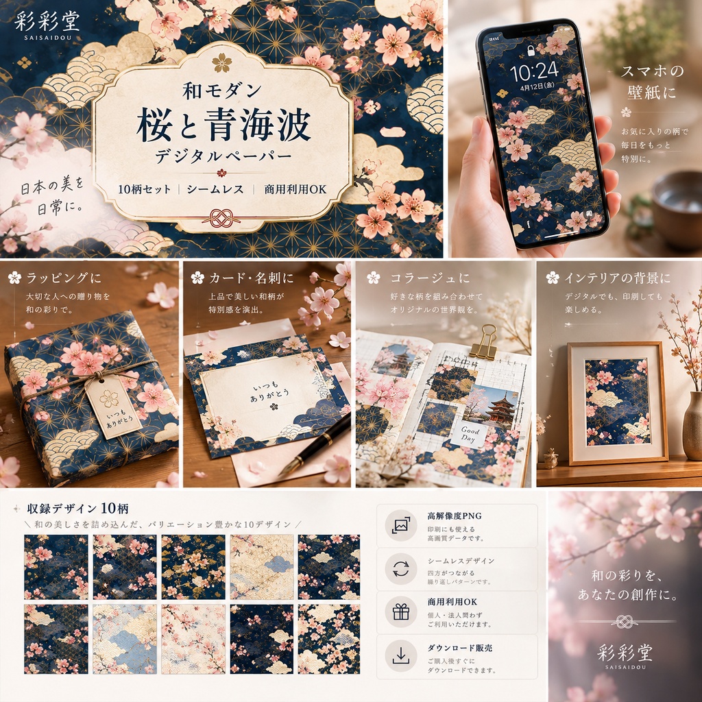 【和モダン】桜と青海波のデジタルペーパー 10枚セット|藍・金・桜|シームレス Japanese Modern Digital Paper | Sakura & Seigaiha | 10 Seamless Patterns