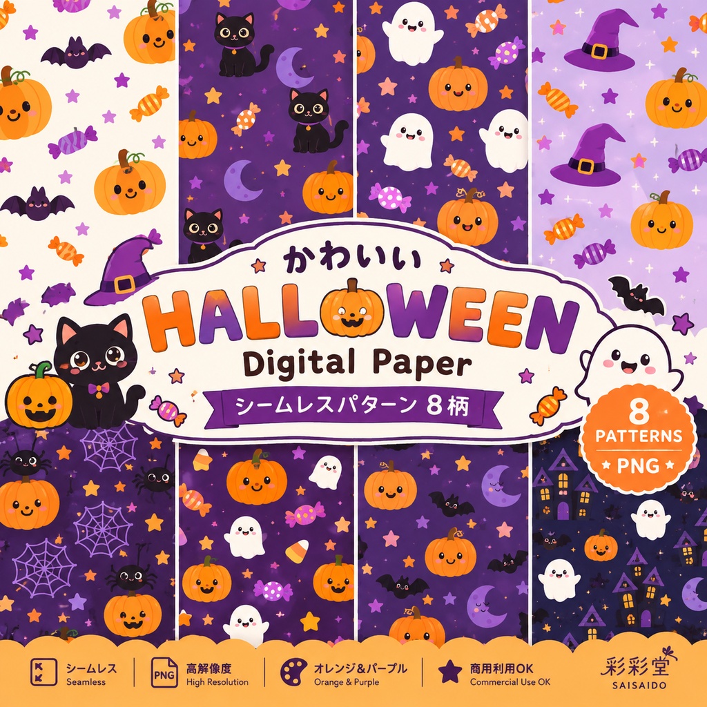 〖商用利用OK〗かわいいハロウィン｜シームレスデジタルペーパー8柄｜Cute Halloween Digital Paper